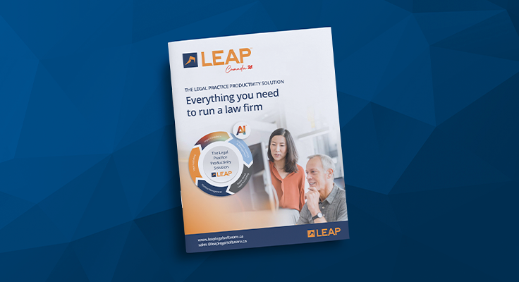 Brochure for LEAP, a legal practice productivity solution, featuring two people and a circular diagram on a blue geometric background.