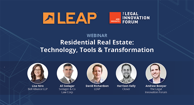 Webinar banner for "Residential Real Estate: Technology, Tools & Transformation" with headshots of five speakers and logos for LEAP and Legal Innovation Forum.