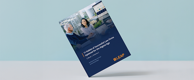 Floating booklet tilted on a blue background titled "7 Mistakes Successful Law Firms Unleash in the Digital Age" by Craig Bayer, branded with LEAP logo.