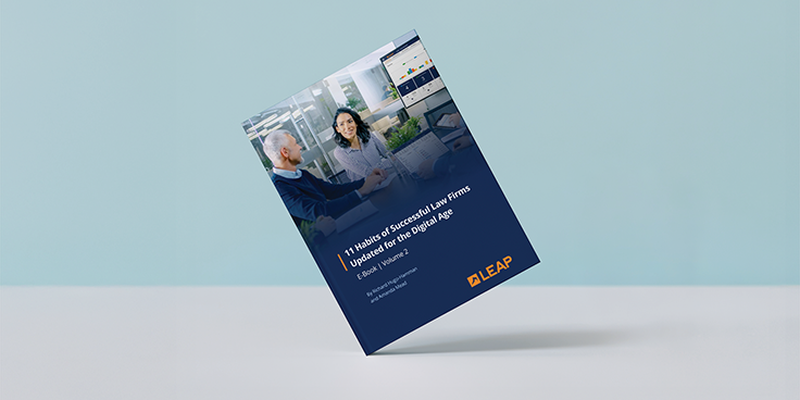 Floating booklet tilted on a blue background titled "7 Mistakes Successful Law Firms Unleash in the Digital Age" by Craig Bayer, branded with LEAP logo.