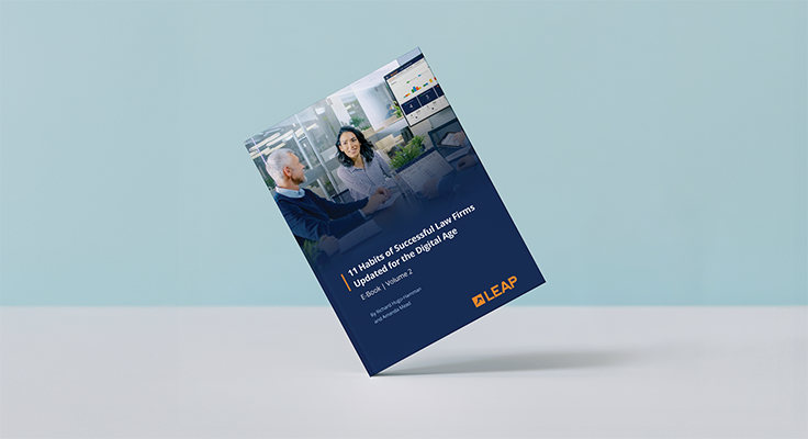 Floating booklet tilted on a blue background titled "7 Mistakes Successful Law Firms Unleash in the Digital Age" by Craig Bayer, branded with LEAP logo.