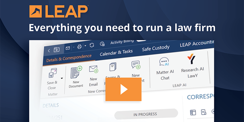 Screenshot of LEAP law firm software interface with icons and text stating "Everything you need to run a law firm."
