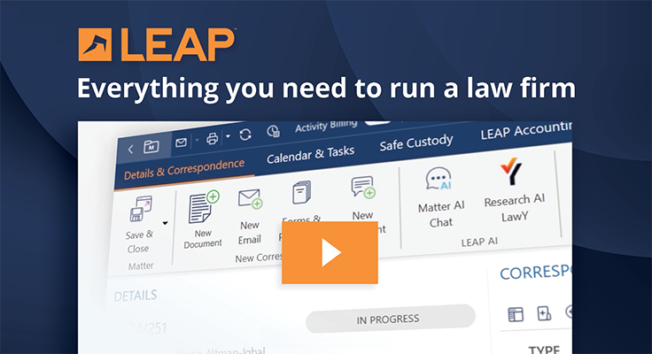 Screenshot of LEAP law firm software interface with icons and text stating "Everything you need to run a law firm."