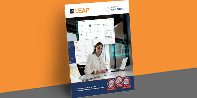 Poster featuring a woman at a desk with digital real estate graphics, LEAP logo, and award badges against an orange and gray background.