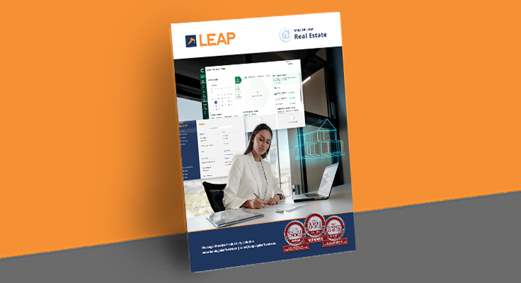 Poster featuring a woman at a desk with digital real estate graphics, LEAP logo, and award badges against an orange and gray background.