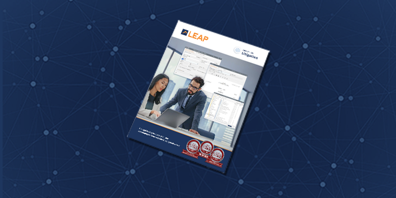Promotional flyer for LEAP legal software showing two professionals at a desk, with software screenshots and award badges on a blue network background.