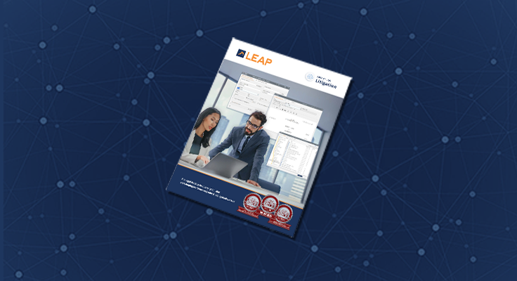 Promotional flyer for LEAP legal software showing two professionals at a desk, with software screenshots and award badges on a blue network background.