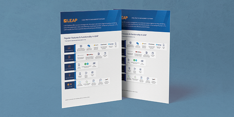 Two brochures titled "LEAP" showcasing popular features and functionality, displayed upright on a blue textured background.