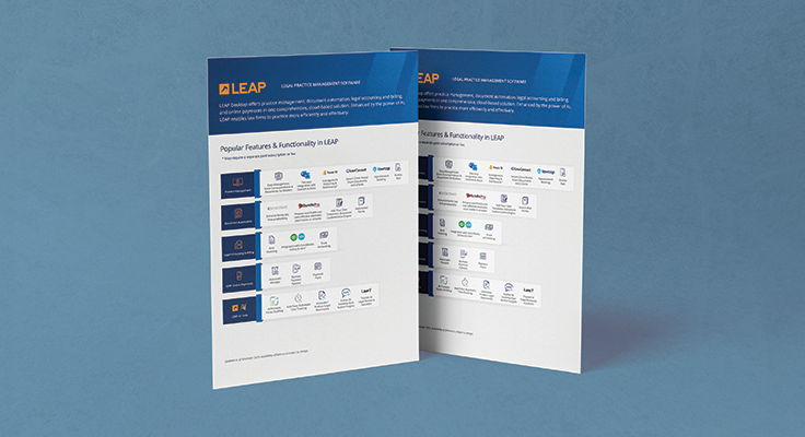 Two brochures titled "LEAP" showcasing popular features and functionality, displayed upright on a blue textured background.