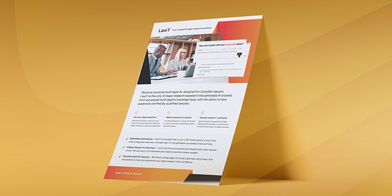 Promotional flyer for a legal Q&A service, featuring a lawyer image, text about Canadian law expertise, and a call to action.
