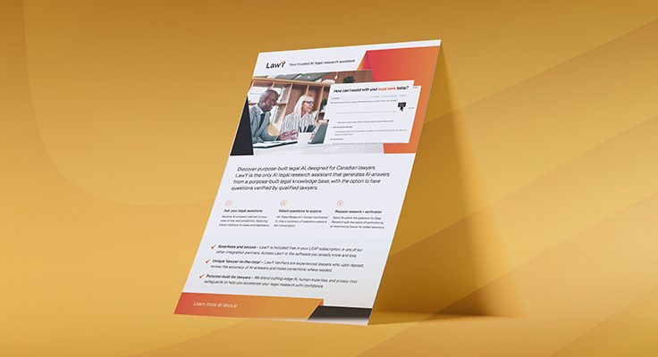 Promotional flyer for a legal Q&A service, featuring a lawyer image, text about Canadian law expertise, and a call to action.