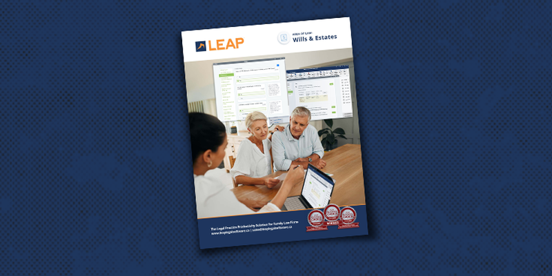 Brochure cover featuring a couple discussing estate planning with a professional, showcasing LEAP software on a laptop and desktop screen.