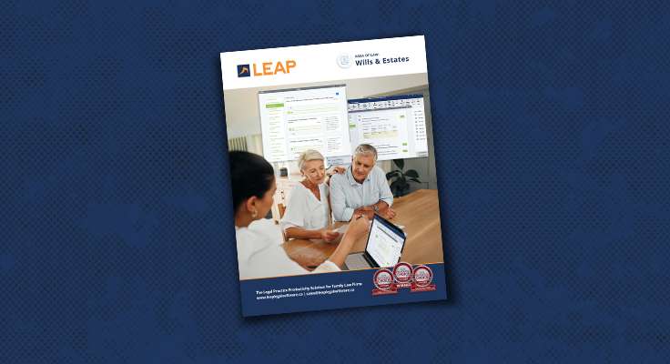 Brochure cover featuring a couple discussing estate planning with a professional, showcasing LEAP software on a laptop and desktop screen.