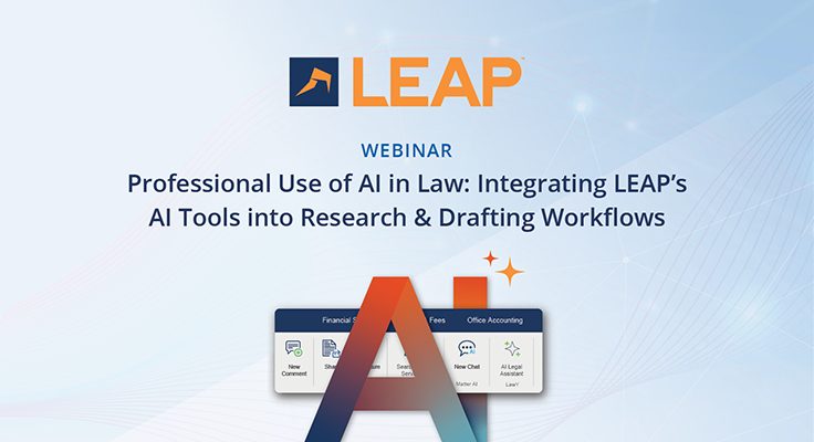 Webinar graphic titled "Professional Use of AI in Law," showcasing LEAP's tools for research and drafting workflows.