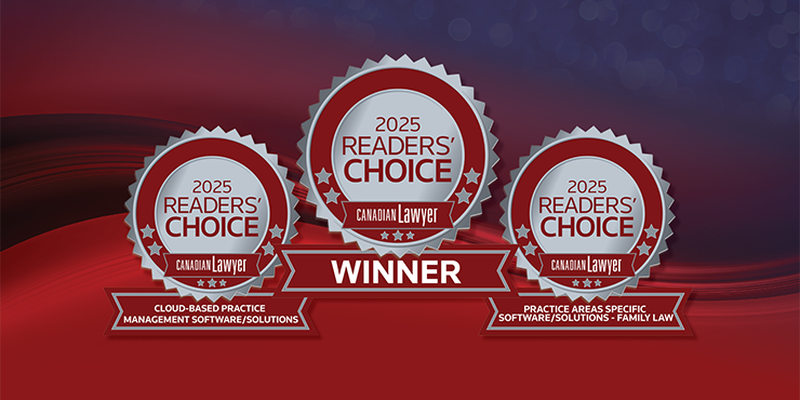 Three 2024 Reader's Choice award badges for Canadian Lawyer, featuring categories in practice management and family law solutions.