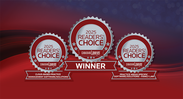 Three 2024 Reader's Choice award badges for Canadian Lawyer, featuring categories in practice management and family law solutions.