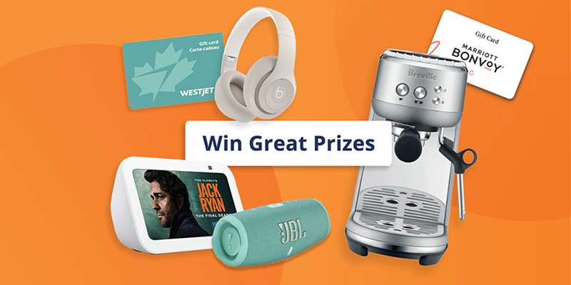 A variety of prizes including gift cards, headphones, a smart display, a speaker, and an espresso machine, with the text "Win Great Prizes."