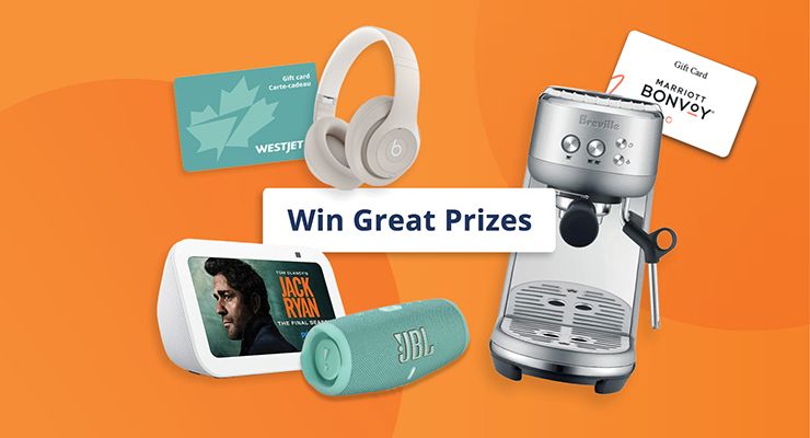 A variety of prizes including gift cards, headphones, a smart display, a speaker, and an espresso machine, with the text "Win Great Prizes."
