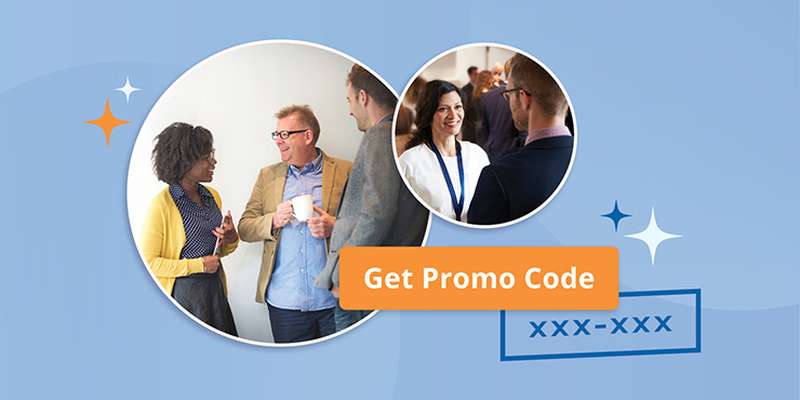 Group of professionals networking, smiling, and chatting. An orange button reads "Get Promo Code" with a placeholder code below.
