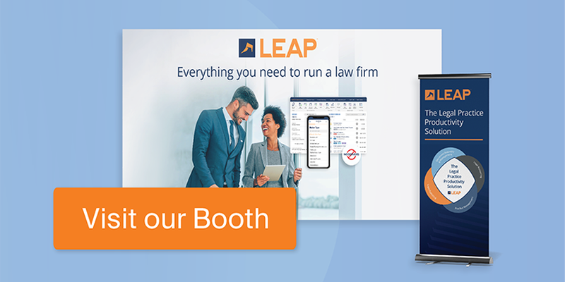 Advertisement for LEAP law firm software with a "Visit our Booth" message, featuring a smiling couple and product display on a blue background.