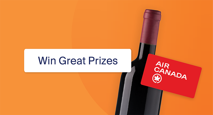 Wine bottle with an Air Canada card against an orange background. Text reads "Win Great Prizes."