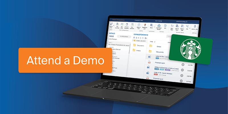 Laptop with software interface, Starbucks gift card overlay, and "Attend a Demo" button on blue background.