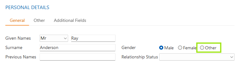 Form section titled "Personal Details" with fields for name, gender options, and relationship status. "Other" is highlighted in green.