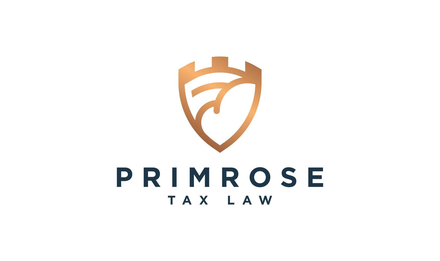 Logo for Primrose Tax Law featuring a stylized gold shield with a leaf design above the text "PRIMROSE TAX LAW" in dark blue.