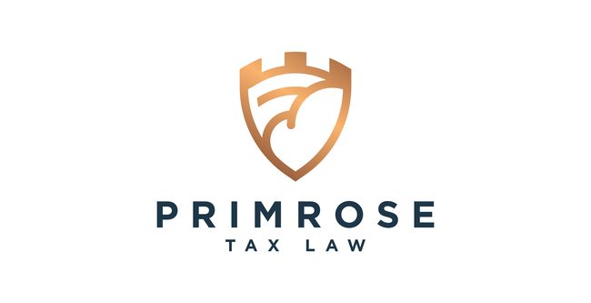 Logo for Primrose Tax Law featuring a stylized gold shield with a leaf design above the text "PRIMROSE TAX LAW" in dark blue.