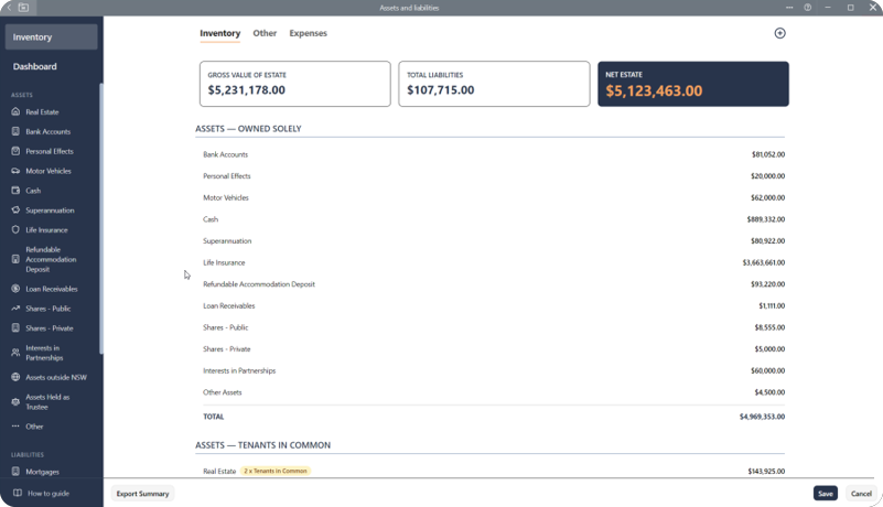Financial dashboard showing inventory of assets and liabilities, with gross estate value of $5,231,178 and net estate of $5,123,463.