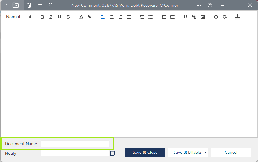 A blank text editor window with toolbar icons, a document name field, and "Save & Close" and "Cancel" buttons at the bottom.