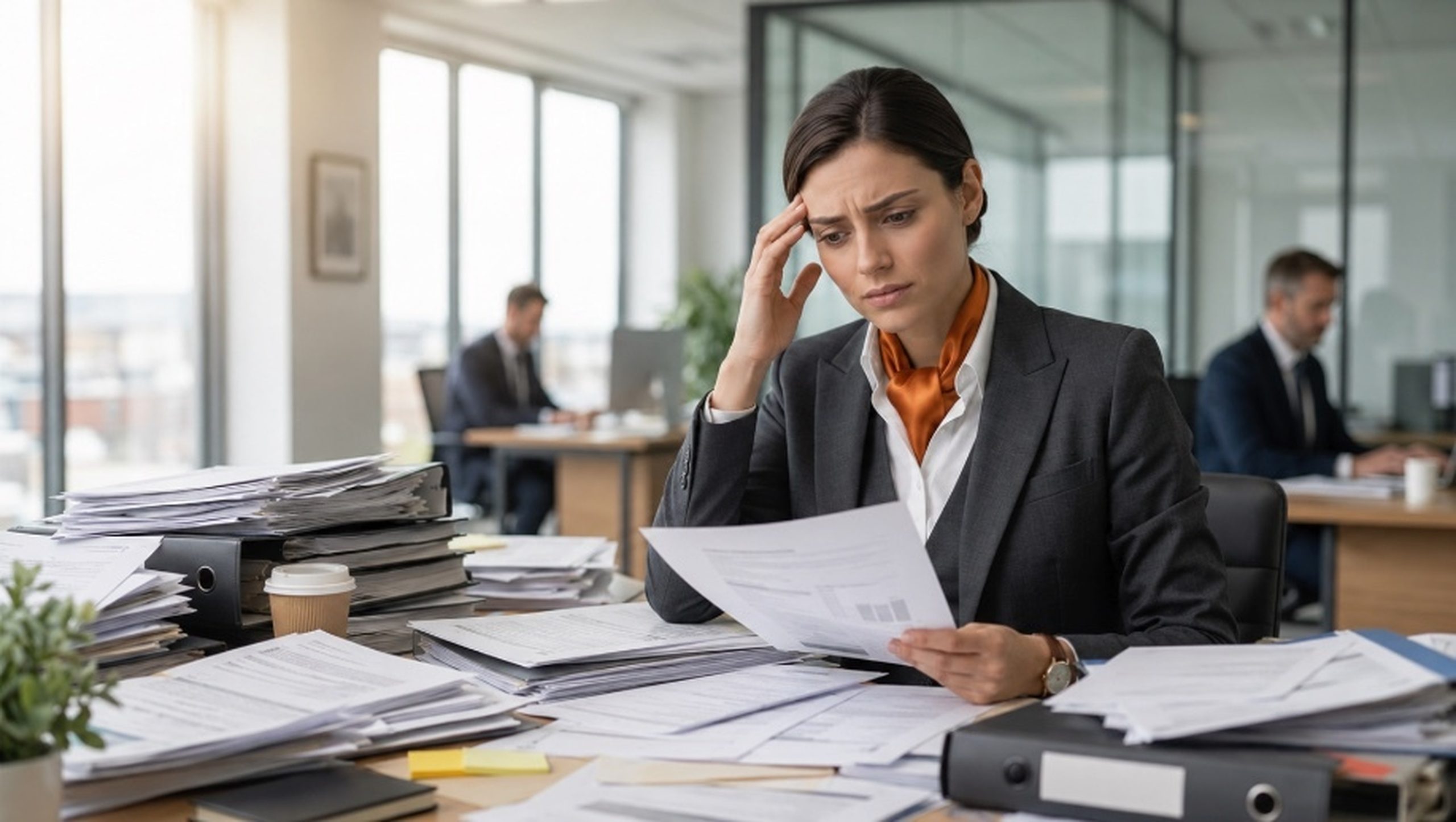 Solicitor's desk covered in stacks of paperwork, illustrating the administrative overload and stress that legal AI can help reduce