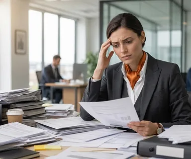 Solicitor's desk covered in stacks of paperwork, illustrating the administrative overload and stress that legal AI can help reduce