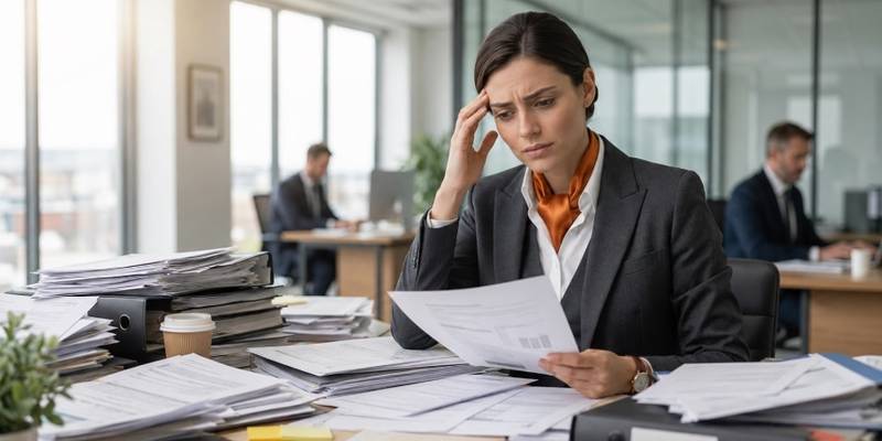 Solicitor's desk covered in stacks of paperwork, illustrating the administrative overload and stress that legal AI can help reduce