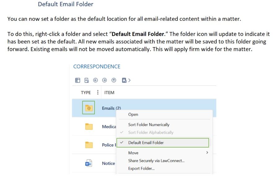 Instructions for setting a folder as the default email location, with folder options menu highlighted.
