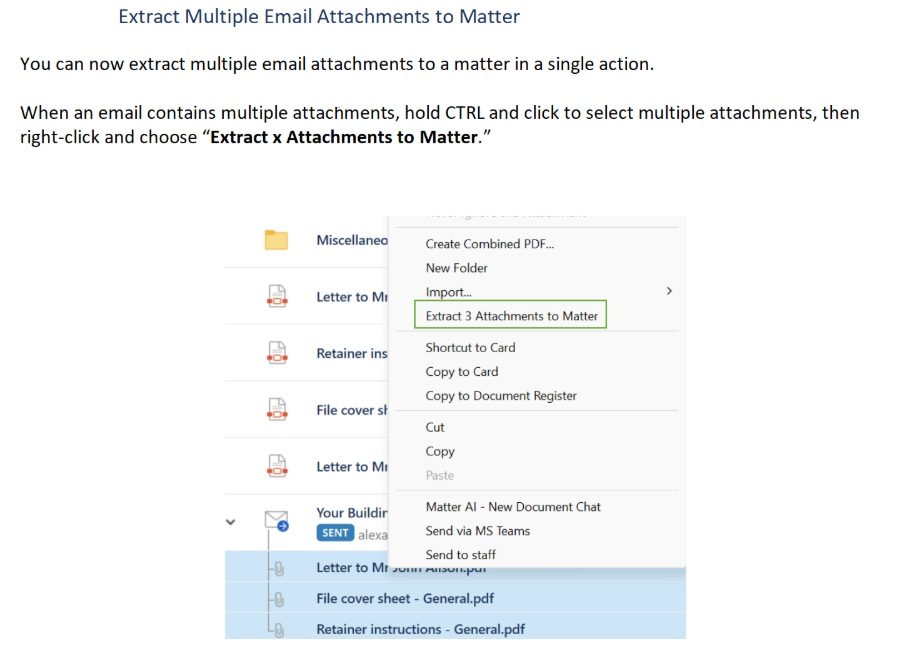 Menu option showing how to extract multiple email attachments to a matter.