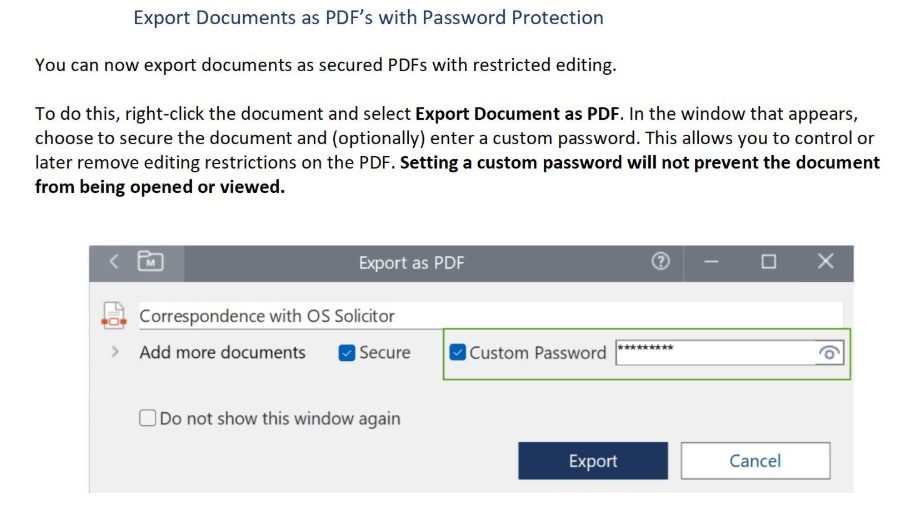 Screenshot showing instructions for exporting documents as password-protected PDFs, highlighting the "Export as PDF" and "Custom Password" options.