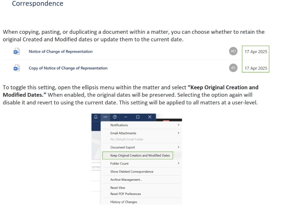 Instructions to retain original document dates in correspondence settings with menu option highlighted to toggle dates.