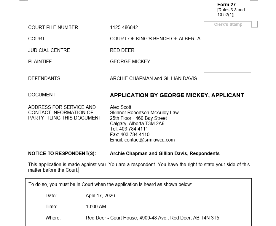 Court document for case 1125-486842, George Mickey vs. Archie Chapman and Gillian Davis, hearing on April 17, 2026, Red Deer Court House.