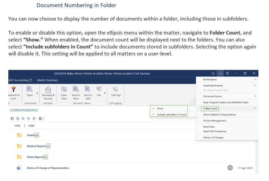 Screenshot showing steps to enable document numbering in folders, including subfolders, in LEAP.