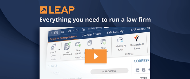 LEAP software interface with icons for document management, calendar, tasks, and AI tools. Text: "Everything you need to run a law firm."
