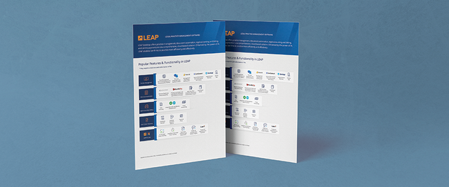 Two LEAP brochures with blue accents display popular features and functionalities, laid out on a blue textured surface.