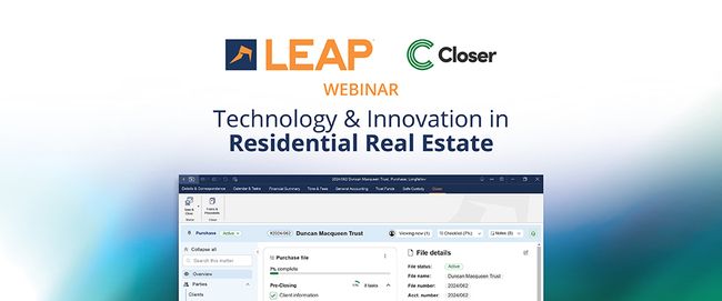 Webinar promo for "Technology & Innovation in Residential Real Estate" by LEAP and Closer, featuring a software interface screenshot.