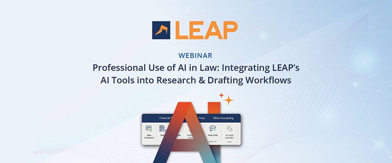 Webinar graphic titled "Professional Use of AI in Law," showcasing LEAP's tools for research and drafting workflows.