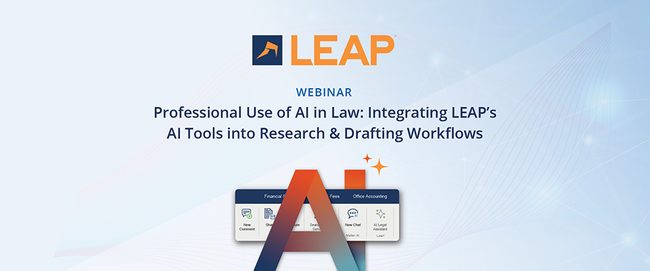 Webinar graphic titled "Professional Use of AI in Law," showcasing LEAP's tools for research and drafting workflows.