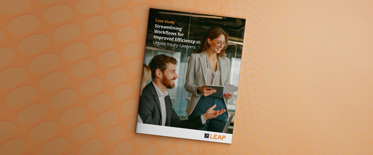 Cover of a case study titled "Streamlining Workflows for Improved Efficiency at Legate Injury Lawyers" featuring a man and woman in professional attire.