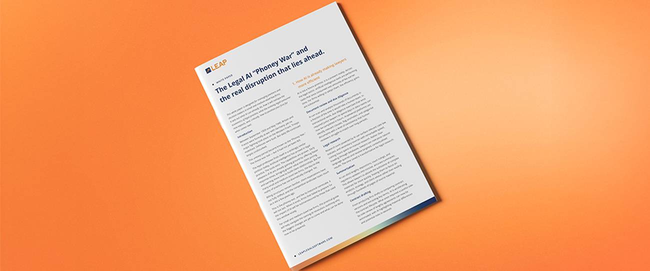 Orange and white graphic featuring a white paper titled "The Legal AI 'Phoney War'" with a download button for the full report.