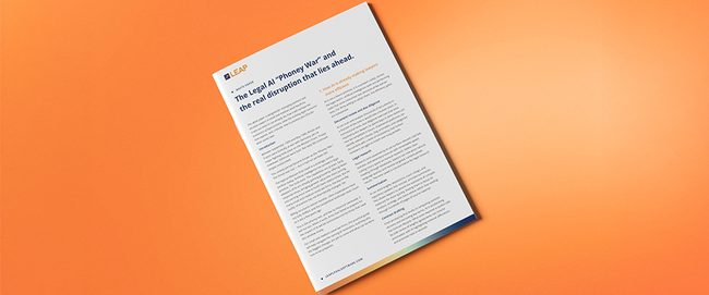 Orange and white graphic featuring a white paper titled "The Legal AI 'Phoney War'" with a download button for the full report.