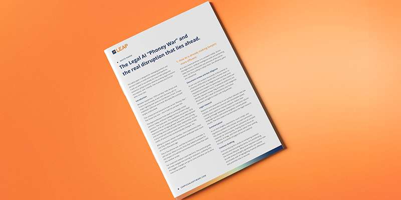 Orange and white graphic featuring a white paper titled "The Legal AI 'Phoney War'" with a download button for the full report.