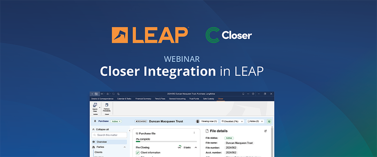 Webinar announcement for "Closer Integration in LEAP" with logos and a software interface screenshot.